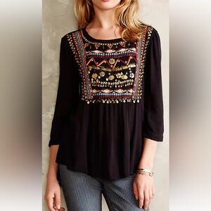 HD in Paris Anthropologie Black Hi Low 3/4 Sleeve Embroidered Beaded Top Size 2